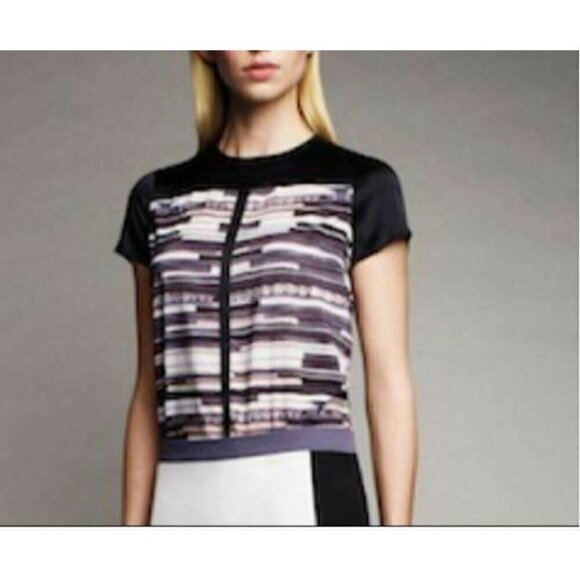 Narciso Rodriguez Top Womens XL Black Striped Scoop Neck Short Sleeve Boho - Picture 1 of 9